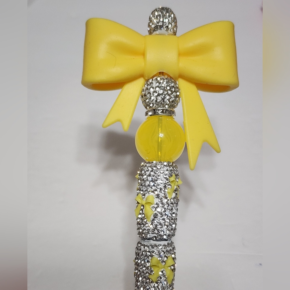 Yellow Bow Pen Ribbon with Rhinestone Silver Beaded Black Ink Gift‎